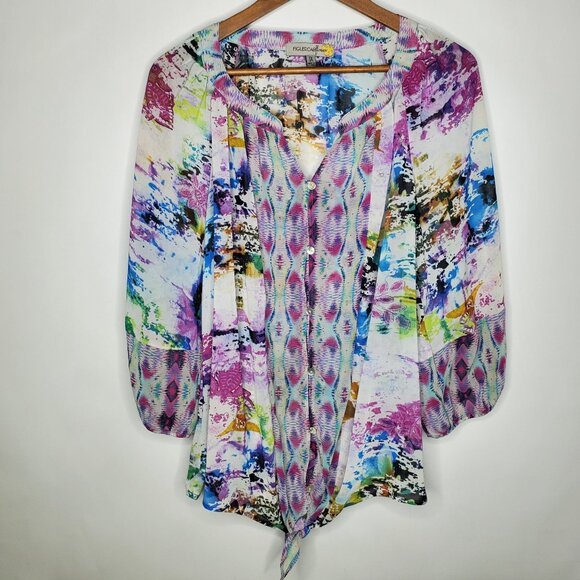 Figueroa & Flower Womens Blouse Colorful Abstract 3/4 Size 1X Tie Hem Semi Sheer - Picture 1 of 9